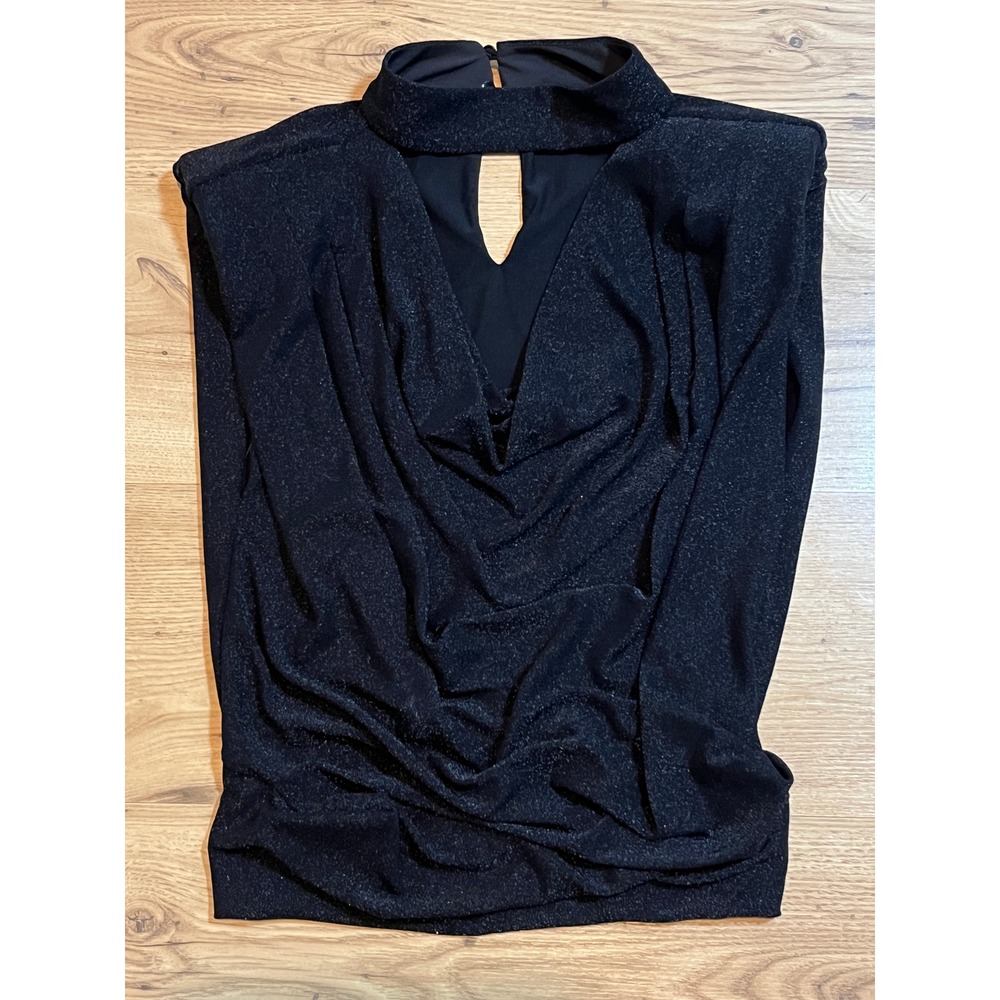 ASTR The Label Cowl Neck Top Womens Medium Black Metallic Shimmer Party Blouse - Picture 4 of 11